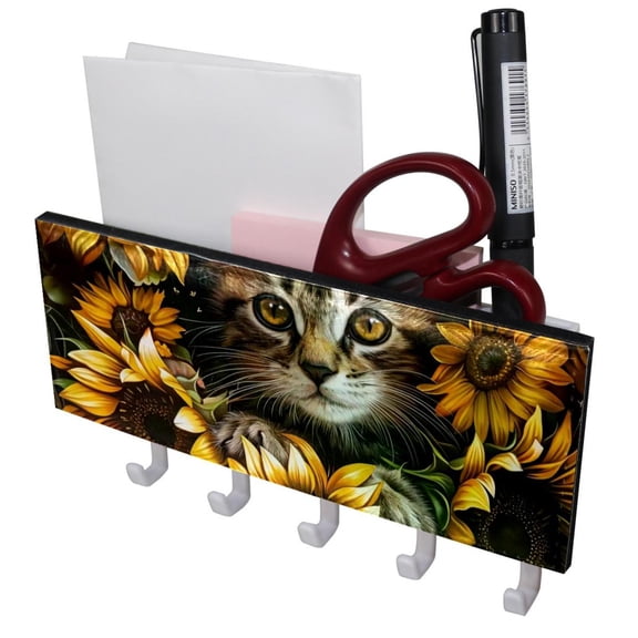 PhooArto Key Holder for Wall Decorative with 5 Key Hooks, Sunflowers Cat Kitten Holders Wall Mount Organizer with Mail Key Rack, Self Adhesive
