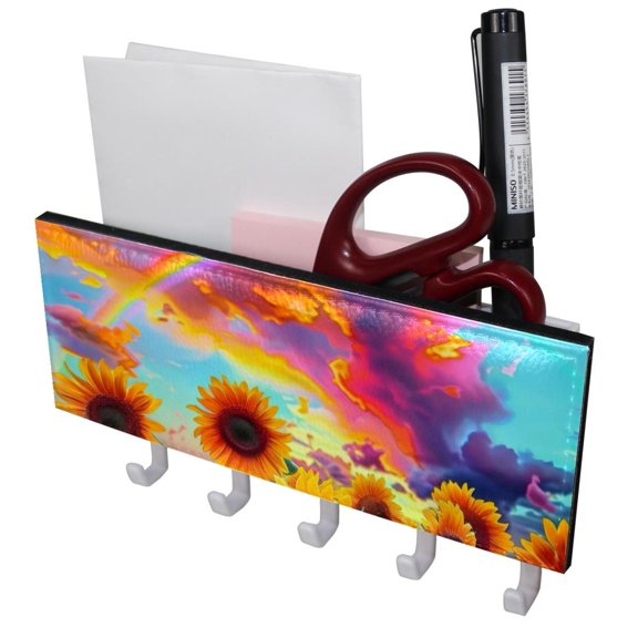PhooArto Key Holder for Wall Decorative with 5 Key Hooks, Sunflowers Rainbow Cloud Holders Wall Mount Organizer with Mail Key Rack, Self Adhesive