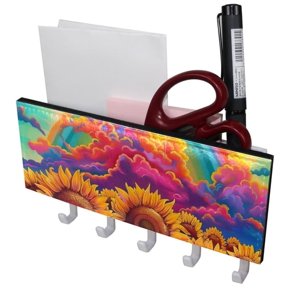 PhooArto Key Holder for Wall Decorative with 5 Key Hooks, Sunflowers Rainbow Sky Holders Wall Mount Organizer with Mail Key Rack, Self Adhesive