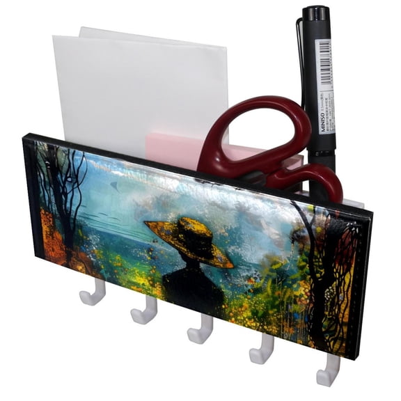 PhooArto Key Holder for Wall Decorative with 5 Key Hooks, Sunrise Oil Painting Holders Wall Mount Organizer with Mail Key Rack, Self Adhesive