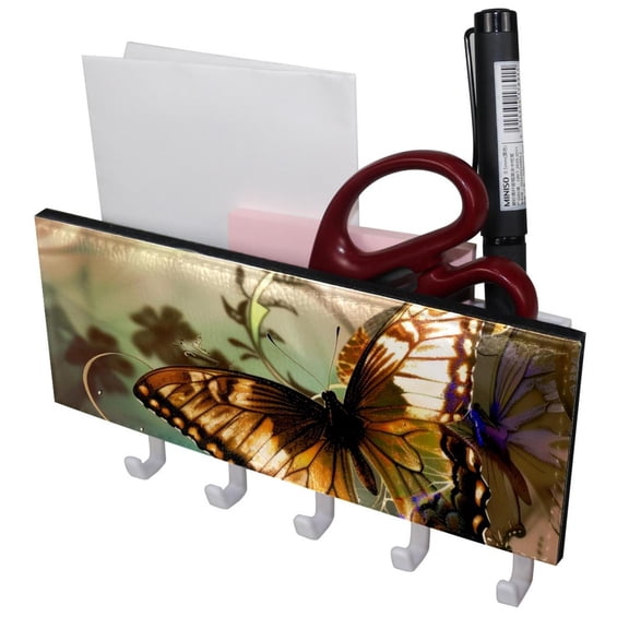 PhooArto Key Holder for Wall Decorative with 5 Key Hooks, Sunset Butterfly Floral Holders Wall Mount Organizer with Mail Key Rack, Self Adhesive