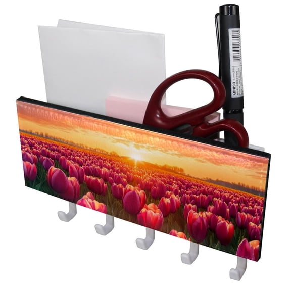 PhooArto Key Holder for Wall Decorative with 5 Key Hooks, Sunset Pink Tulip Field Holders Wall Mount Organizer with Mail Key Rack, Self Adhesive