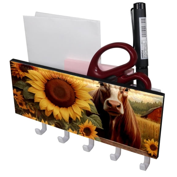 PhooArto Key Holder for Wall Decorative with 5 Key Hooks, Sunset Sunflowers Cow Holders Wall Mount Organizer with Mail Key Rack, Self Adhesive