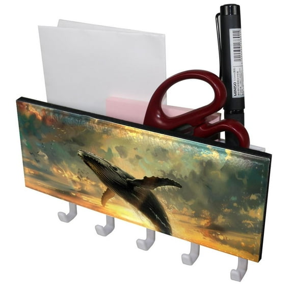 PhooArto Key Holder for Wall Decorative with 5 Key Hooks, Sunset Whale Sea Pattern Holders Wall Mount Organizer with Mail Key Rack, Self Adhesive