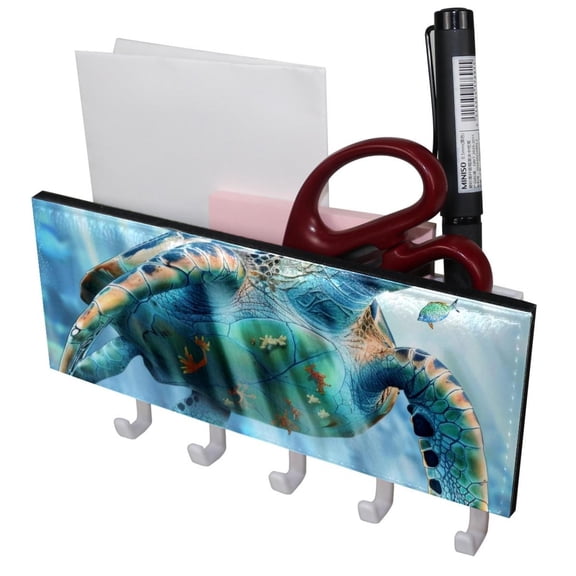 PhooArto Key Holder for Wall Decorative with 5 Key Hooks, Swimming Sea Turtle Holders Wall Mount Organizer with Mail Key Rack, Self Adhesive