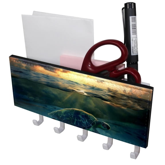 PhooArto Key Holder for Wall Decorative with 5 Key Hooks, Swimming Sea Turtle Painting Holders Wall Mount Organizer with Mail Key Rack, Self Adhesive