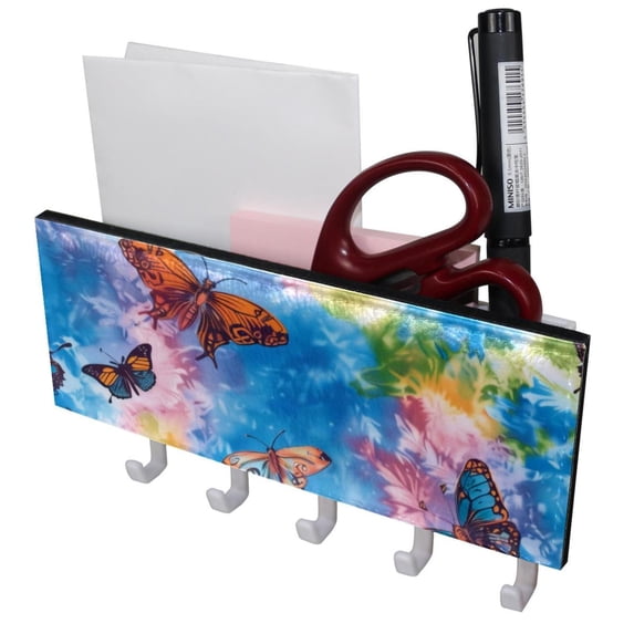 PhooArto Key Holder for Wall Decorative with 5 Key Hooks, Tie Dye Butterfly Pattern Holders Wall Mount Organizer with Mail Key Rack, Self Adhesive