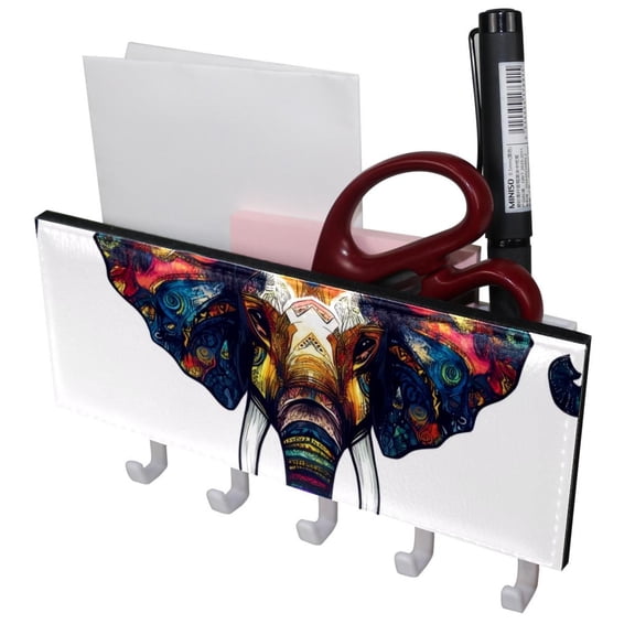 PhooArto Key Holder for Wall Decorative with 5 Key Hooks, Tribe Elephant Head Pattern Holders Wall Mount Organizer with Mail Key Rack, Self Adhesive