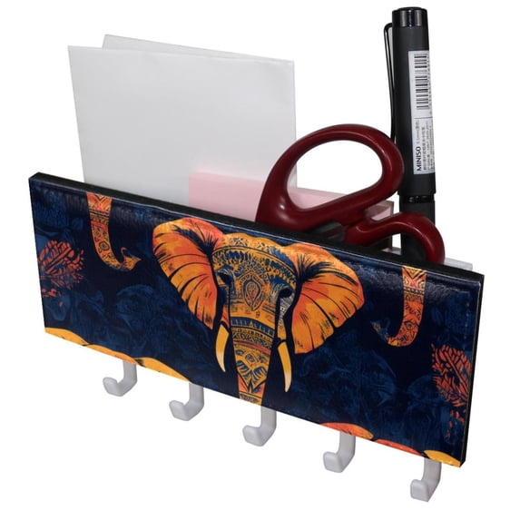 PhooArto Key Holder for Wall Decorative with 5 Key Hooks, Tribe Elephant Pattern Holders Wall Mount Organizer with Mail Key Rack, Self Adhesive