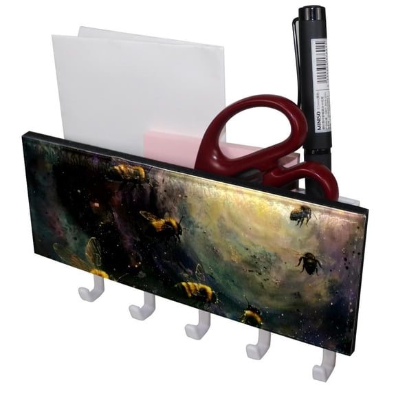 PhooArto Key Holder for Wall Decorative with 5 Key Hooks, Universe Galaxy Bees Holders Wall Mount Organizer with Mail Key Rack, Self Adhesive