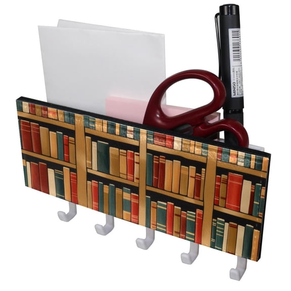 PhooArto Key Holder for Wall Decorative with 5 Key Hooks, Vintage Bookshelf Patterns Holders Wall Mount Organizer with Mail Key Rack, Self Adhesive