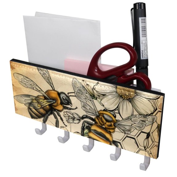 PhooArto Key Holder for Wall Decorative with 5 Key Hooks, Vintage Flower Honey Bee Holders Wall Mount Organizer with Mail Key Rack, Self Adhesive