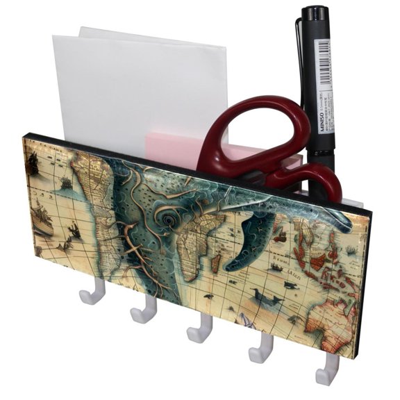 PhooArto Key Holder for Wall Decorative with 5 Key Hooks, Vintage Map Blue Dolphin Holders Wall Mount Organizer with Mail Key Rack, Self Adhesive