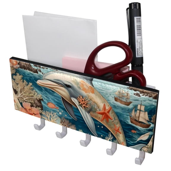 PhooArto Key Holder for Wall Decorative with 5 Key Hooks, Vintage Map Dolphin Starfish Holders Wall Mount Organizer with Mail Key Rack, Self Adhesive