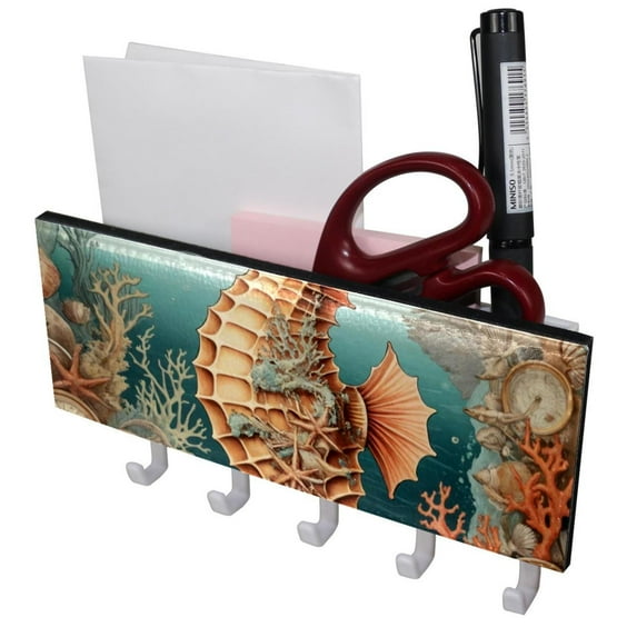 PhooArto Key Holder for Wall Decorative with 5 Key Hooks, Vintage Map Seahorse Holders Wall Mount Organizer with Mail Key Rack, Self Adhesive