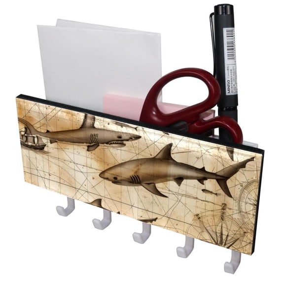 PhooArto Key Holder for Wall Decorative with 5 Key Hooks, Vintage Map Sharks Patterns Holders Wall Mount Organizer with Mail Key Rack, Self Adhesive