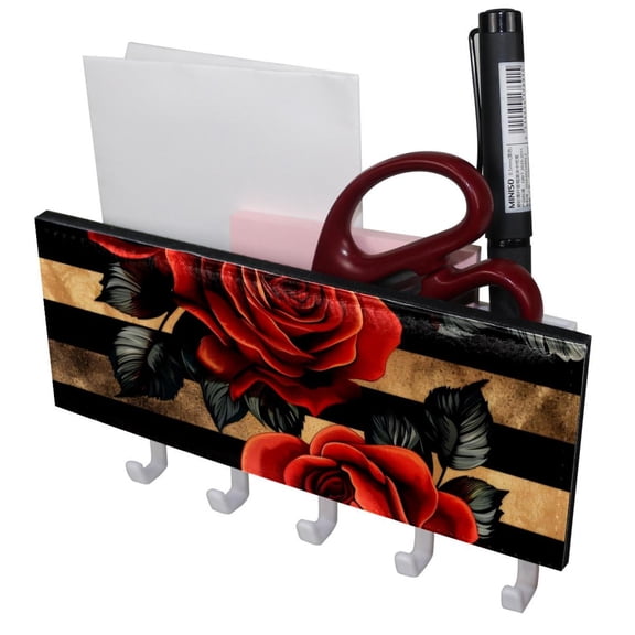 PhooArto Key Holder for Wall Decorative with 5 Key Hooks, Vintage Rose Lines Pattern Holders Wall Mount Organizer with Mail Key Rack, Self Adhesive