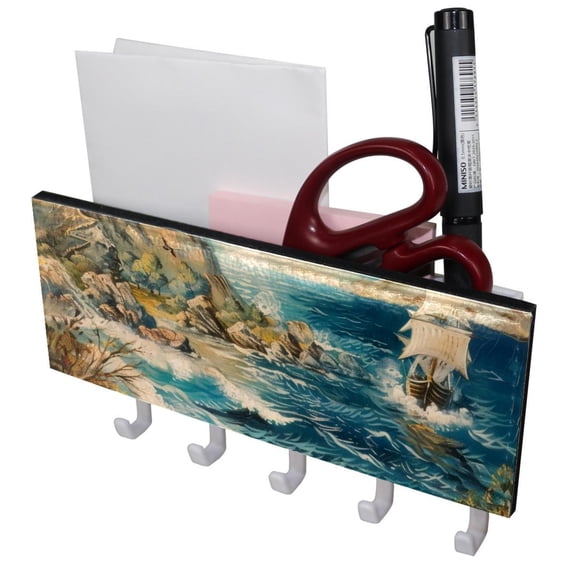 PhooArto Key Holder for Wall Decorative with 5 Key Hooks, Vintage Sea Blue Water Holders Wall Mount Organizer with Mail Key Rack, Self Adhesive