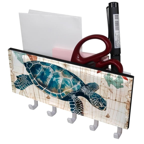 PhooArto Key Holder for Wall Decorative with 5 Key Hooks, Vintage Sea Turtle Starfish Holders Wall Mount Organizer with Mail Key Rack, Self Adhesive