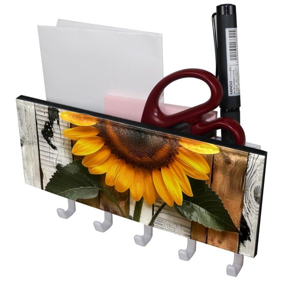 PhooArto Key Holder for Wall Decorative with 5 Key Hooks, Vintage Wood Board Sunflower Holders Wall Mount Organizer with Mail Key Rack, Self Adhesive