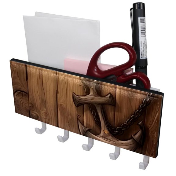 PhooArto Key Holder for Wall Decorative with 5 Key Hooks, Vintage Wooden Board Anchor Holders Wall Mount Organizer with Mail Key Rack, Self Adhesive