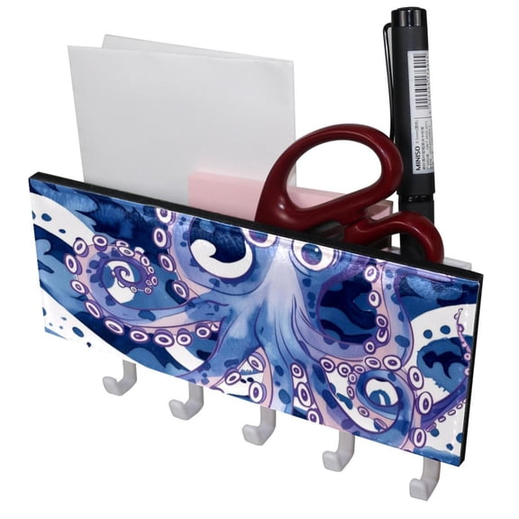 PhooArto Key Holder for Wall Decorative with 5 Key Hooks, Wave Octopus Pattern Holders Wall Mount Organizer with Mail Key Rack, Self Adhesive