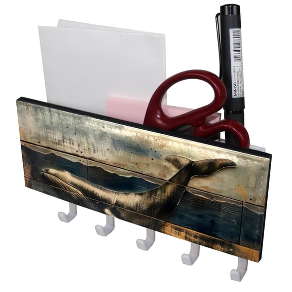 PhooArto Key Holder for Wall Decorative with 5 Key Hooks, Whale on Wood Board Holders Wall Mount Organizer with Mail Key Rack, Self Adhesive