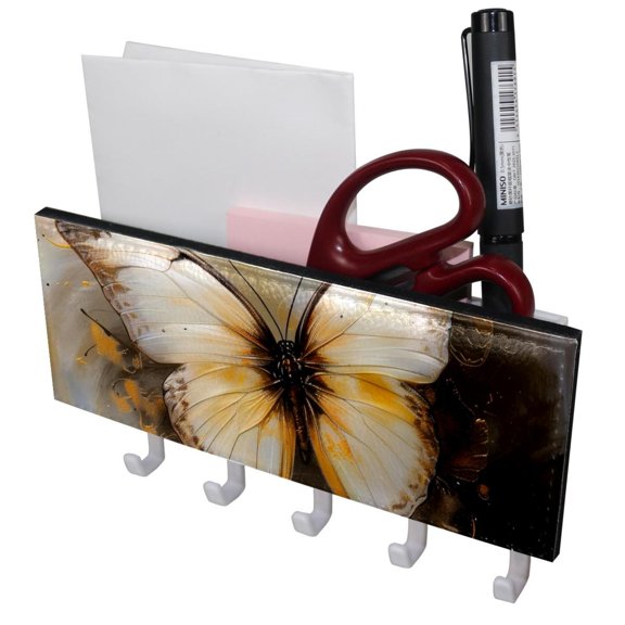 PhooArto Key Holder for Wall Decorative with 5 Key Hooks, White Butterfly Painting Holders Wall Mount Organizer with Mail Key Rack, Self Adhesive