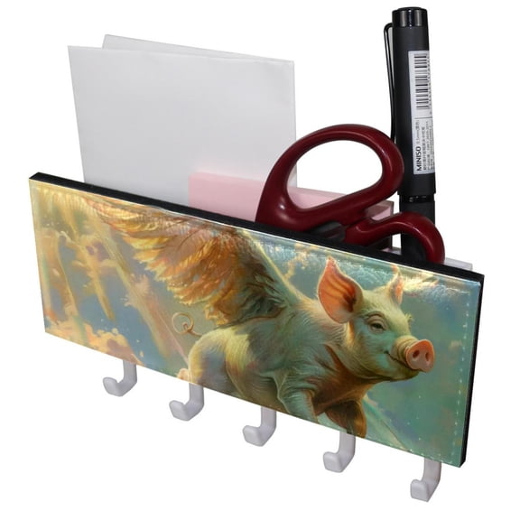PhooArto Key Holder for Wall Decorative with 5 Key Hooks, Wings Pig Flying Sky Holders Wall Mount Organizer with Mail Key Rack, Self Adhesive