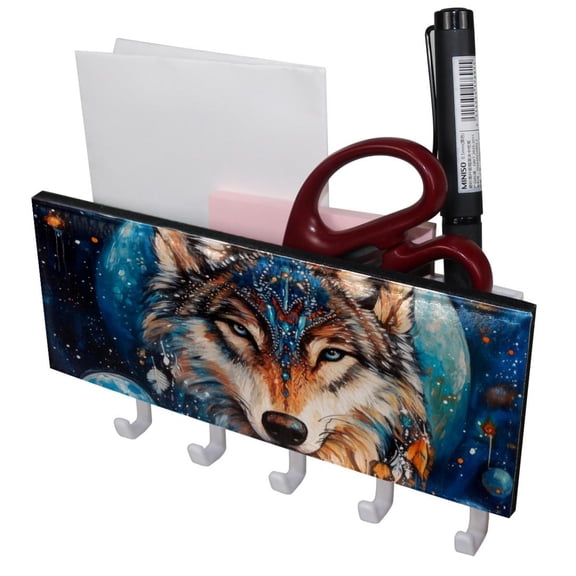 PhooArto Key Holder for Wall Decorative with 5 Key Hooks, Wolf Galaxy Moon Holders Wall Mount Organizer with Mail Key Rack, Self Adhesive