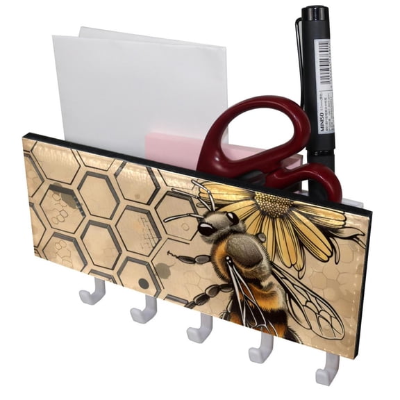 PhooArto Key Holder for Wall Decorative with 5 Key Hooks, Yellow Floral Honey Bee Holders Wall Mount Organizer with Mail Key Rack, Self Adhesive