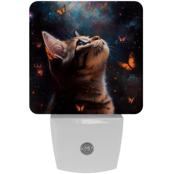 PhooArto Kitten Butterflies Color Galaxy Plug in LED Night Light Auto Sensor Dusk to Dawn Decorative Night for Bedroom, Bathroom, Kitchen, Hallway, Stairs, Baby's Room, Energy Saving