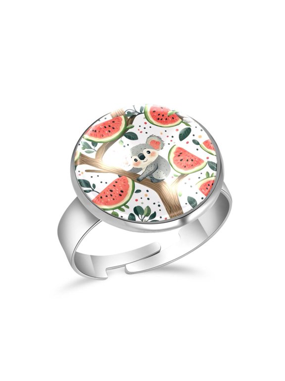Koala Watermelon Pattern Stainless Steel Rings for Women, Open Adjustable Ring Promise Ring Jewelry Gifts