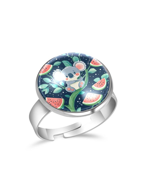 Koala Watermelons Pattern Stainless Steel Rings for Women, Open Adjustable Ring Promise Ring Jewelry Gifts
