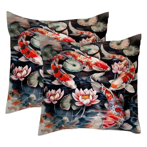 PhooArto Koi Fish Lotus Art Painting Set of 2 Throw Pillow Covers Cases - 16" x 16" Square Decorative Cushion Covers for Sofa Couch Bed Home Decoration