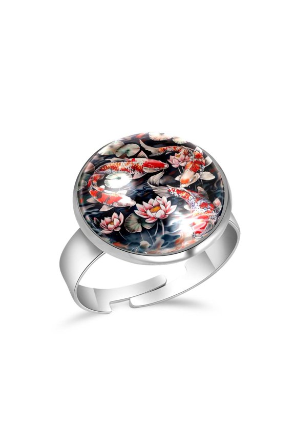 Koi Fish Lotus Art Painting Stainless Steel Rings for Women, Open Adjustable Ring Promise Ring Jewelry Gifts