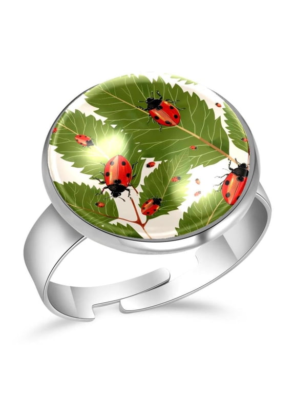 Ladybug Leaves Pattern Stainless Steel Rings for Women, Open Adjustable Ring Promise Ring Jewelry Gifts