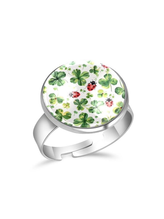 Ladybug and Clover Leaves Pattern Stainless Steel Rings for Women, Open Adjustable Ring Promise Ring Jewelry Gifts