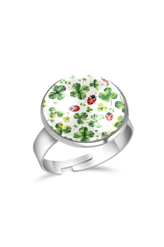 Ladybug and Clover Leaves Pattern Stainless Steel Rings for Women, Open Adjustable Ring Promise Ring Jewelry Gifts