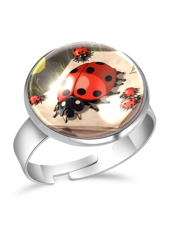 Ladybug on the Book Stainless Steel Rings for Women, Open Adjustable Ring Promise Ring Jewelry Gifts