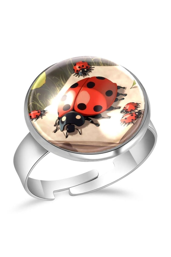 Ladybug on the Book Stainless Steel Rings for Women, Open Adjustable Ring Promise Ring Jewelry Gifts