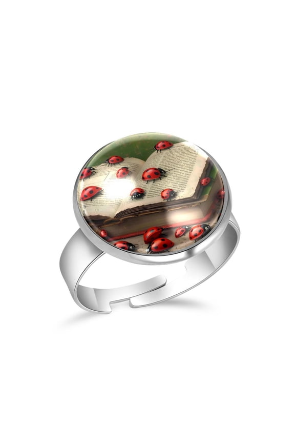 Ladybugs Antique Book Stainless Steel Rings for Women, Open Adjustable Ring Promise Ring Jewelry Gifts