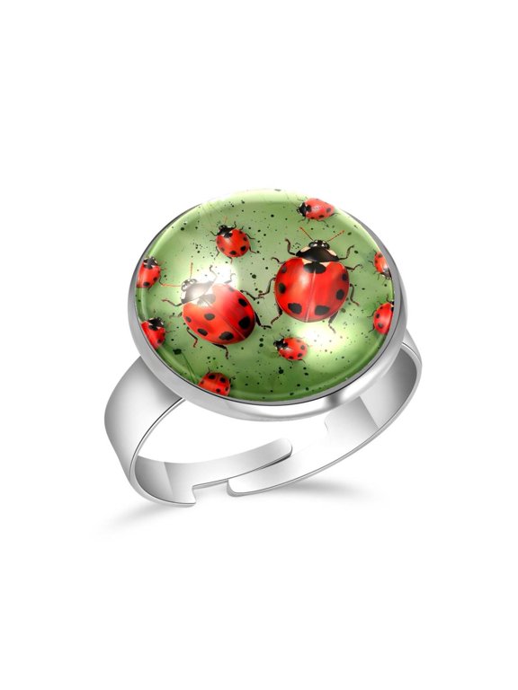 Ladybugs Art Painting Stainless Steel Rings for Women, Open Adjustable Ring Promise Ring Jewelry Gifts