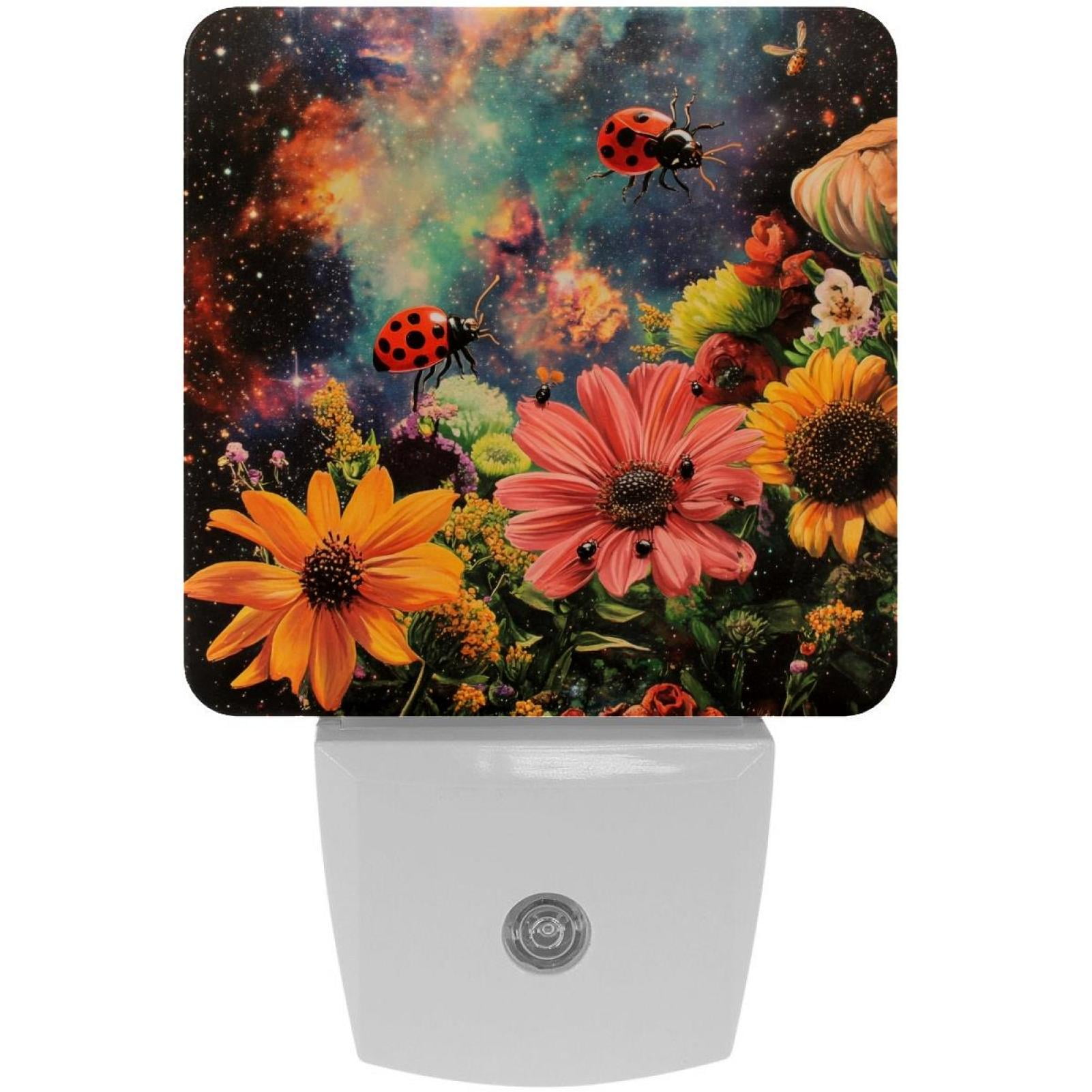 PhooArto Ladybugs Beautiful Flowers Galaxy Plug in LED Night Light Auto Sensor Dusk to Dawn Decorative Night for Bedroom, Bathroom, Kitchen, Hallway, Stairs, Baby's Room, Energy Saving