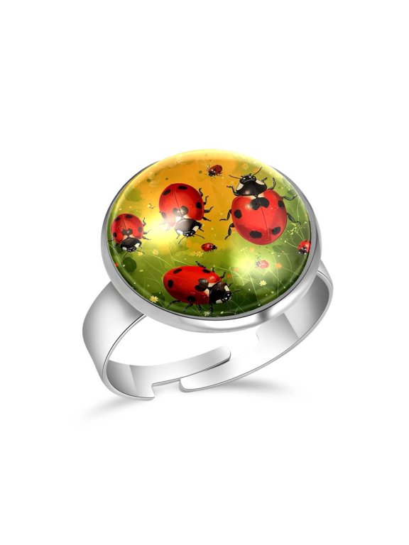 Ladybugs Green Leaf Stainless Steel Rings for Women, Open Adjustable Ring Promise Ring Jewelry Gifts