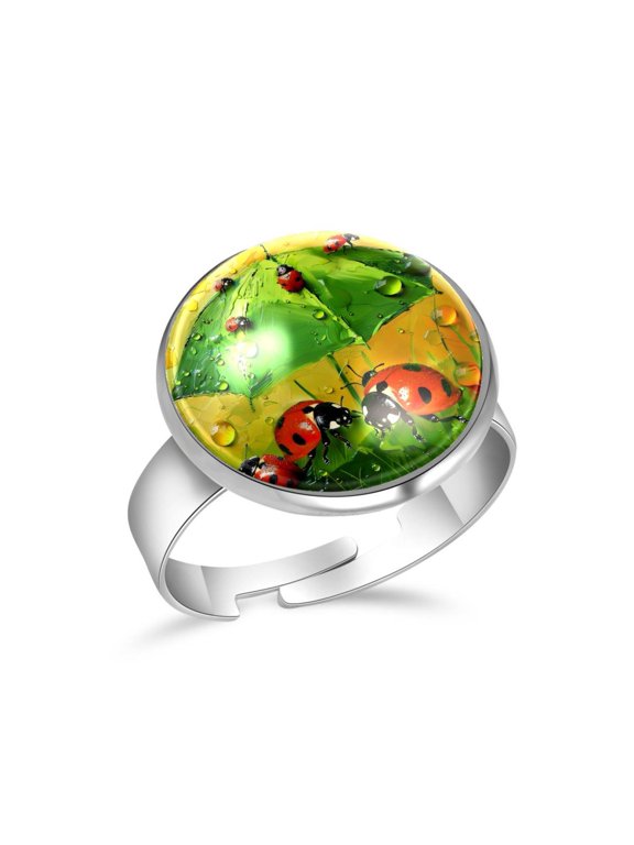 Ladybugs Green Umbrella Art Painting Stainless Steel Rings for Women, Open Adjustable Ring Promise Ring Jewelry Gifts