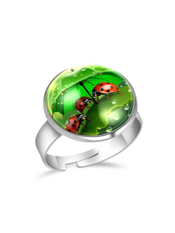 Ladybugs Green Umbrella Leaf Stainless Steel Rings for Women, Open Adjustable Ring Promise Ring Jewelry Gifts