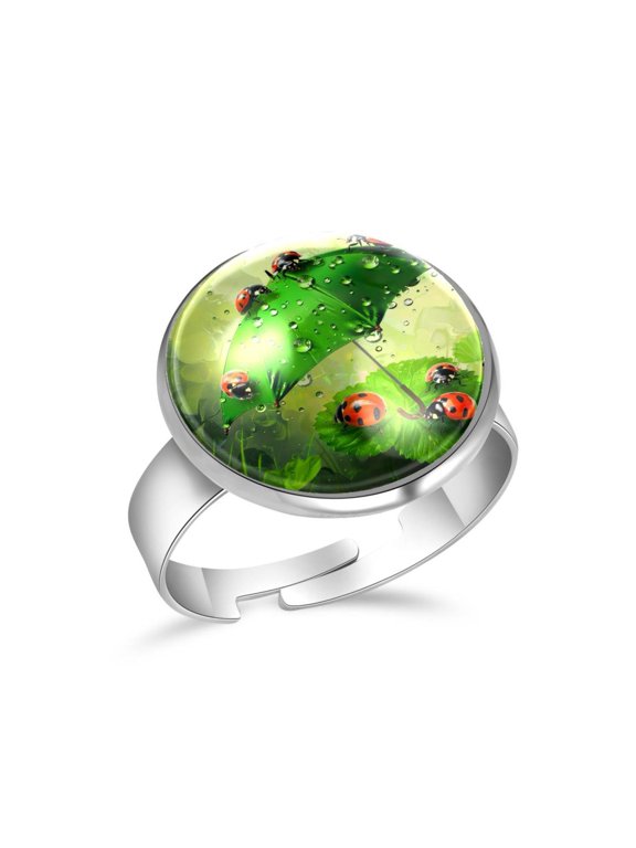 Ladybugs Green Umbrella Stainless Steel Rings for Women, Open Adjustable Ring Promise Ring Jewelry Gifts