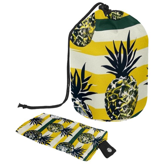 PhooArto Large Barrel Drawstring Makeup Bag, Black Pineapple Stripes Pattern Travel Cosmetic Bag Portable Make Up Organizer Bag