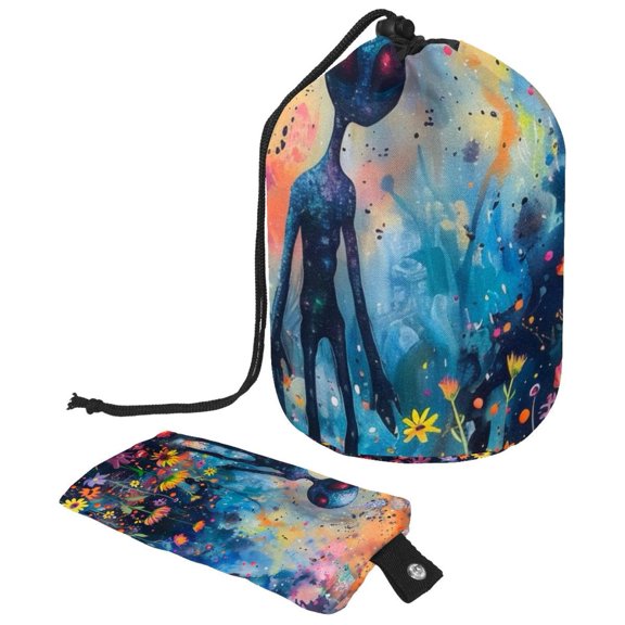PhooArto Large Barrel Drawstring Makeup Bag, Blue Galaxy Alien Colorful Floral Travel Cosmetic Bag Portable Make Up Organizer Bag